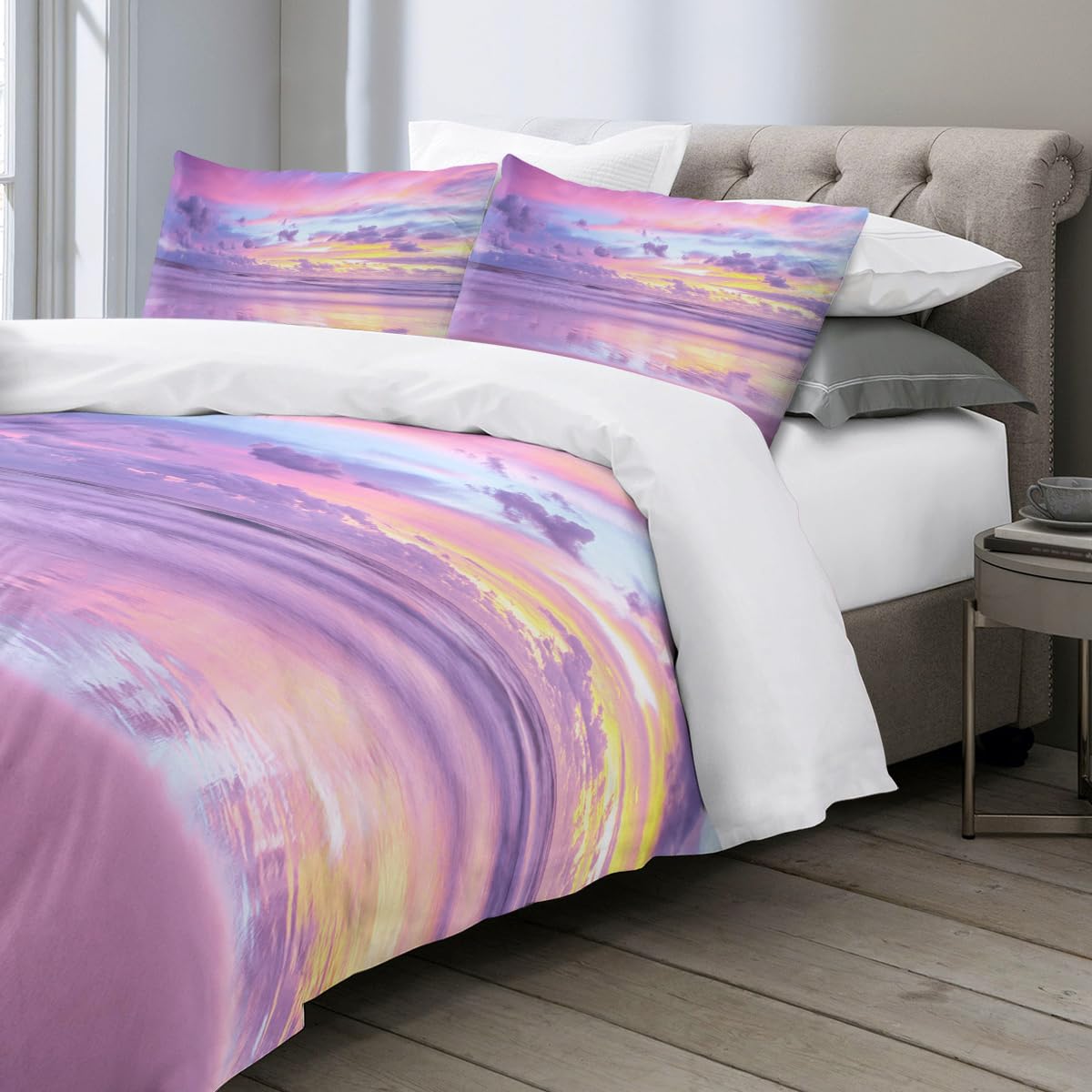 Sleepwish Duvets Covers 3D Girly Print Bedding Sets Beach Sunrise Pattern Queen Soft Luxury 3 Pieces Bed Duvet Cover with 2 Pillow Cases Purple and Blue