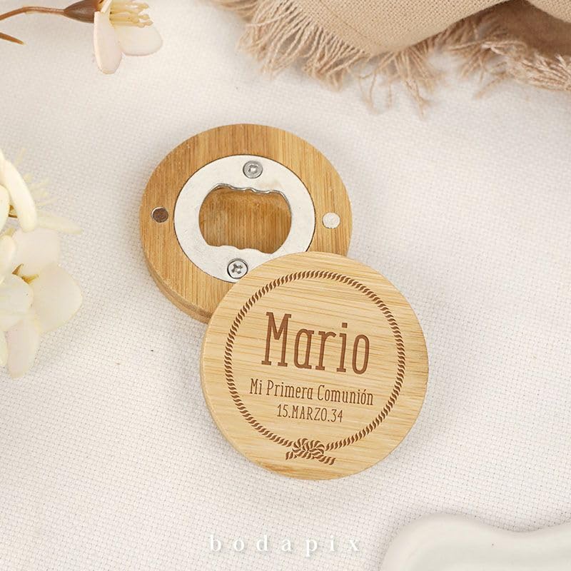 Pack 25 Abridores de Bambú Magnéticos con Mensaje | Abrebotellas para Regalo de Comunión, Bautizo, Boda | Detalle personalizado para Invitados | Bodapix