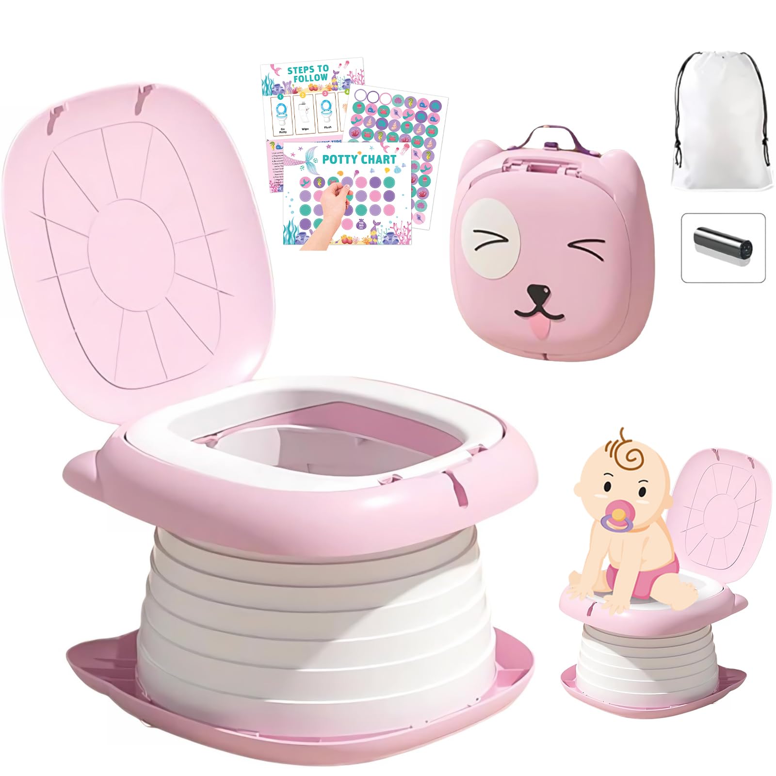 ANTOLE Toddler Baby Potty Toilet,Potty Training Toilet,Travel Potty for Toddlers,Carry Potty for Toddlers,Portable Potty for Toddler Travel,Fun Training with Potty Training Reward Chart(Pink)
