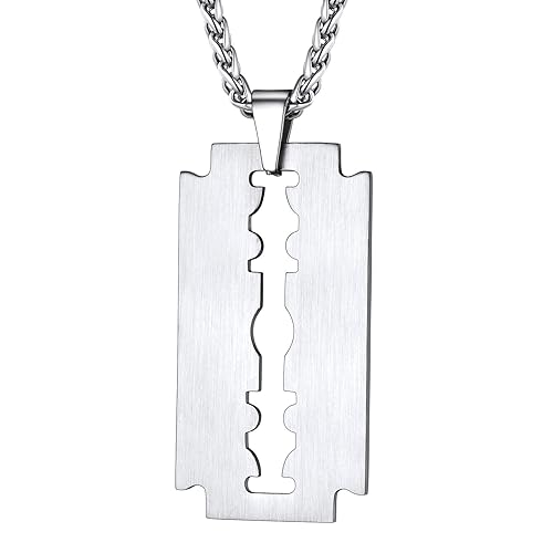 Mens Stainless Steel Razor Blade Model Dog Tag Pendant Hip Hop Necklace, Punk Rock Jewelry, 22inch-24inch Adjustable, Come Gift Box - Silver