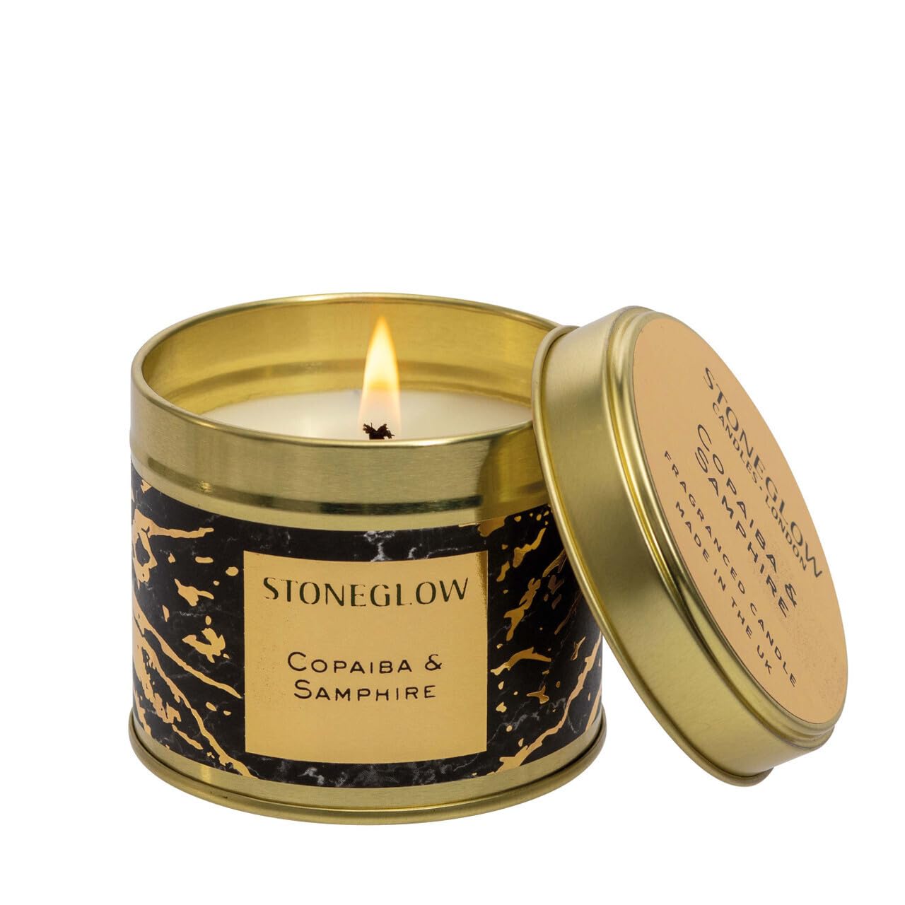 Stoneglow Luna Collection - Copaiba & Samphire - Scented Candle Tin of Ocean Notes, Samphire, Peppermint, Eucalyptus, Copaiba and Juniper (Balck & Gold)