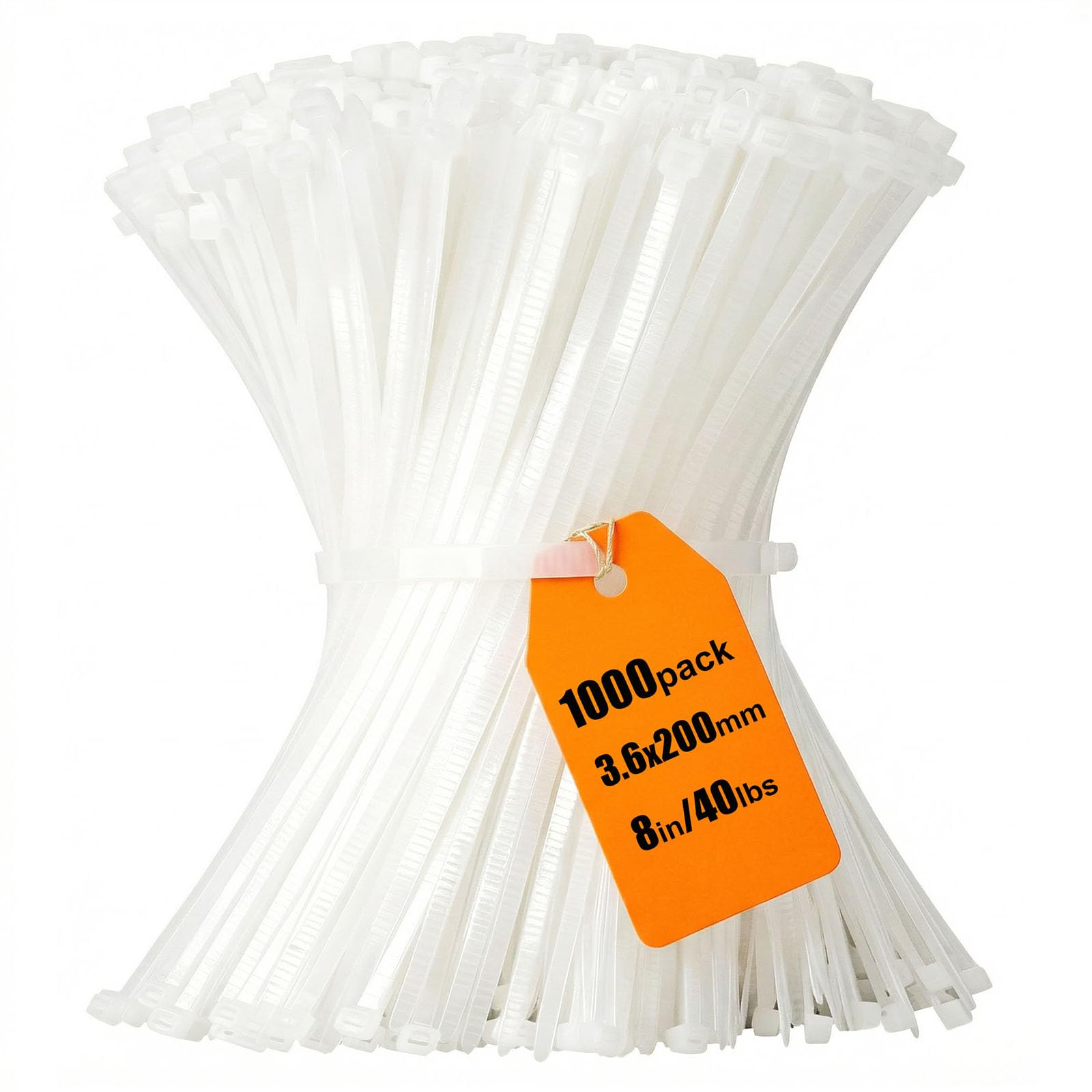 Yaluzibi White 8 Inch Cable Ties 1000 Pack, 3.6 X 200Mm Zip Ties Tensile Strength 40Lbs With Uv Resistant, Tie Wraps Nylon Plastic Ties Self Locking Large Heavy Duty Cable Wrap For Tidy Wires Workshop Garden