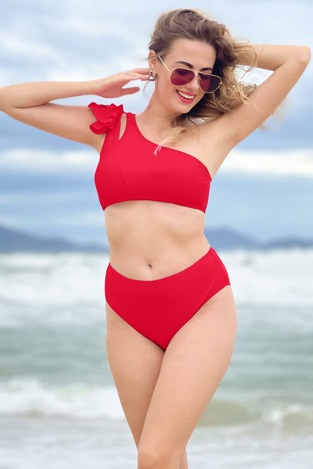 Byoauo Womens Bikini One Shoulder Top with High Waisted Bottom Two Piece Swimsuits