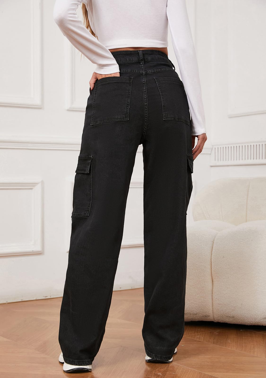 LONGYIDA Jeans Larghi da Donna Elasticizzati a Vita Alta Dritti a Gamba Larga Jeans Cargo Y2K Boyfriend Denim Pantaloni Cargo Pantaloni, Grigio e Nero., S