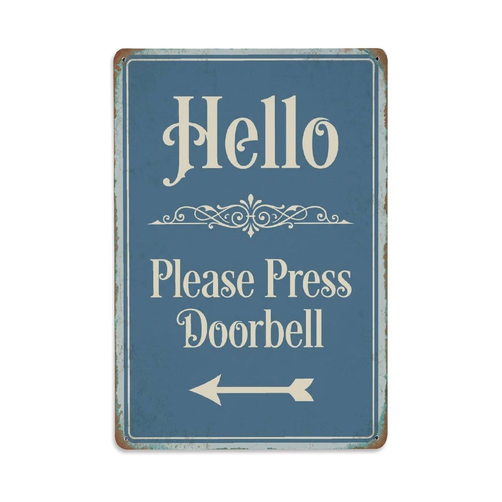 Metal Tin Sign Vintage Hello Please Press Doorbell Arrow Ornate