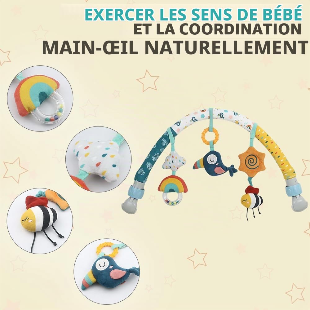 caterbee Barre de Jouets pour balançoire pour bébé, Jouet pour Poussette, Accessoire pour lit bébé et Barre d'activité pour Landau. Arche de Voyage, Jouets pour Berceau pour Tout-Petits.(Sky)