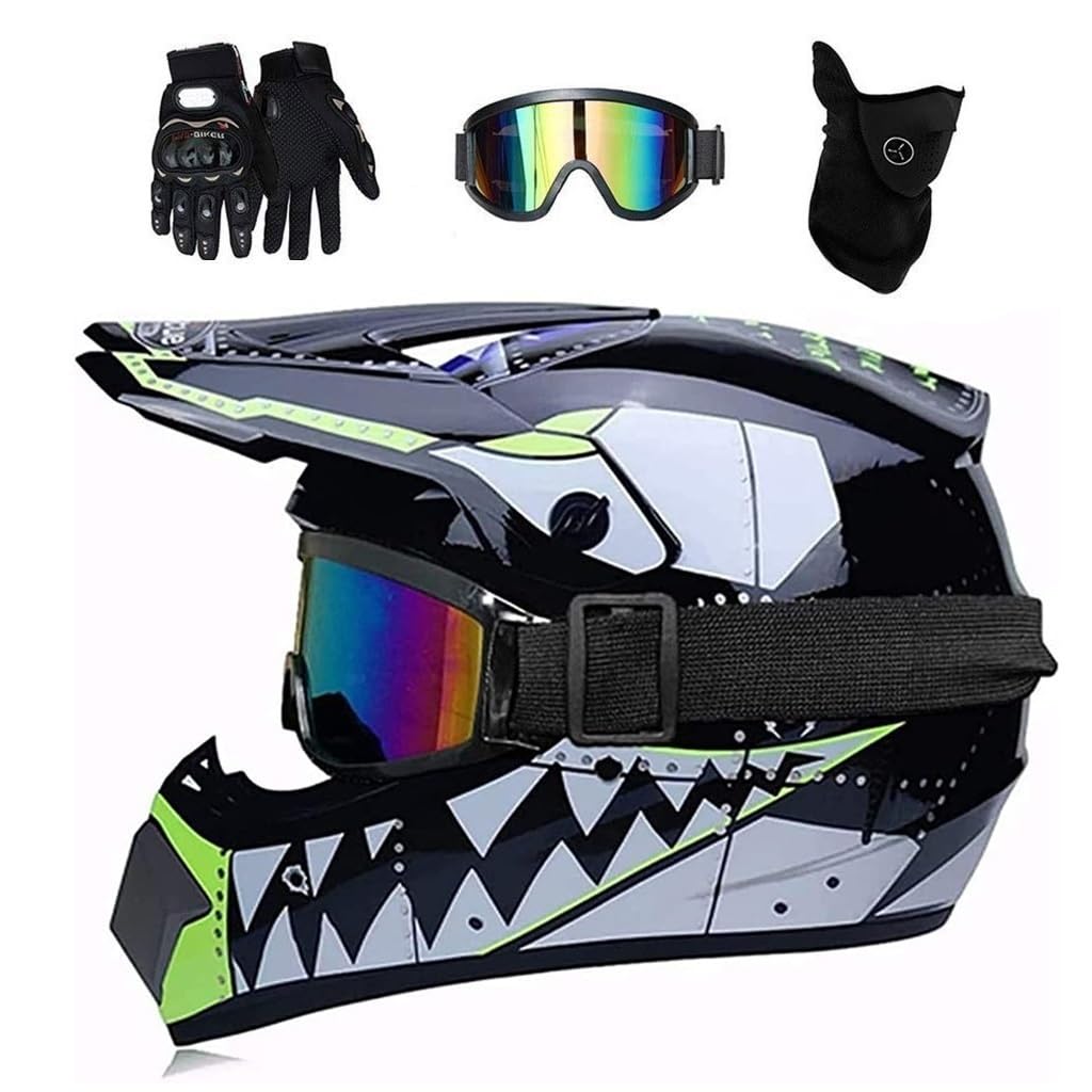 Unisex Motocross Helmet, Youth Kid Full-Face MTB Off Road Street ATV Motorbike Helmet, Downhill BMX Enduro Quad Dirt Bike Crash Helmet Protective Gear, with Goggles Gloves Mask ( Color : Grey , Size :