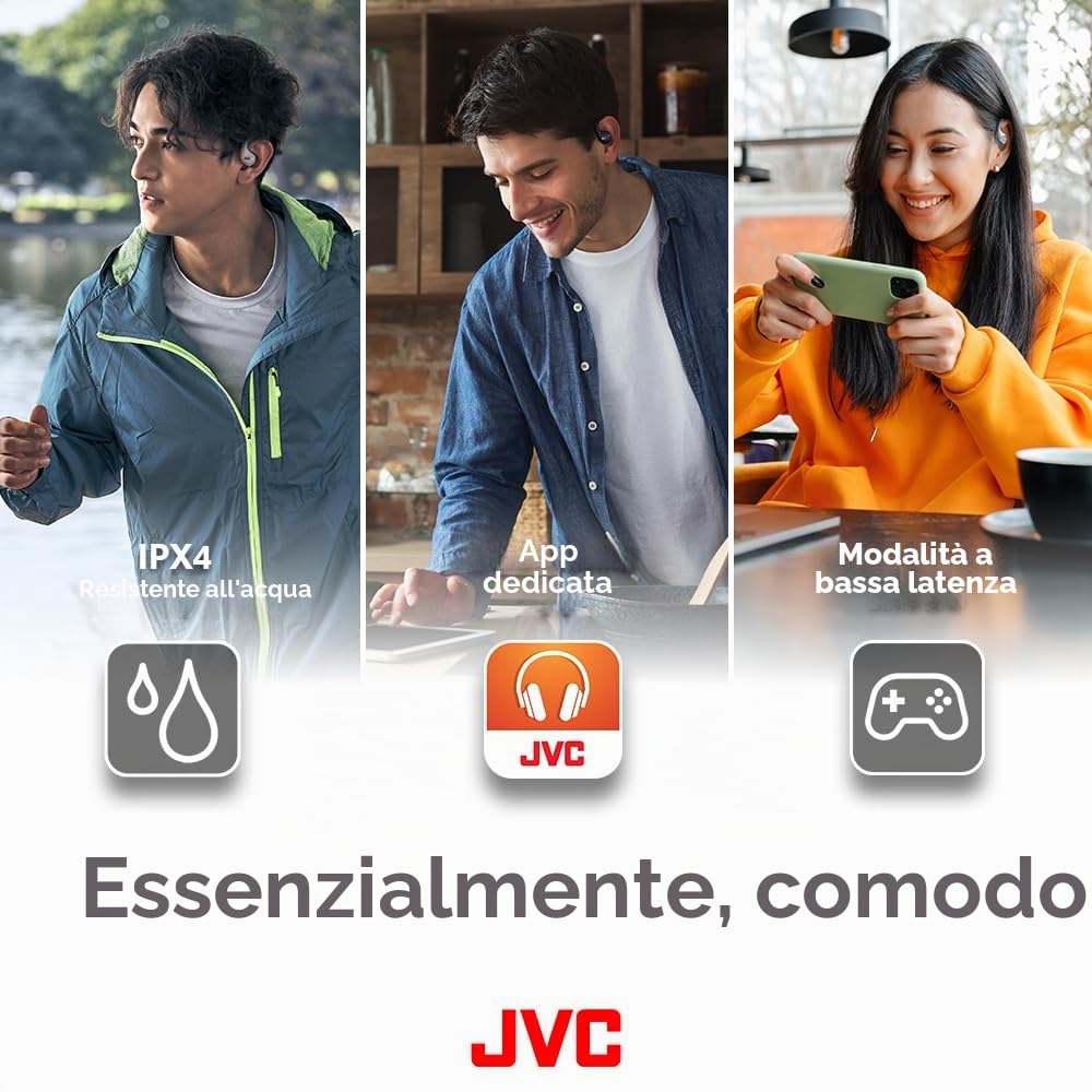 JVC NEarphones HA-NP50T-C, auricolari True Wireless, design a orecchio aperto, riduzione attiva del rumore, multi-punto, IPX4, muting microfono, 38 ore di autonomia, BT 5.3, beige sabbia