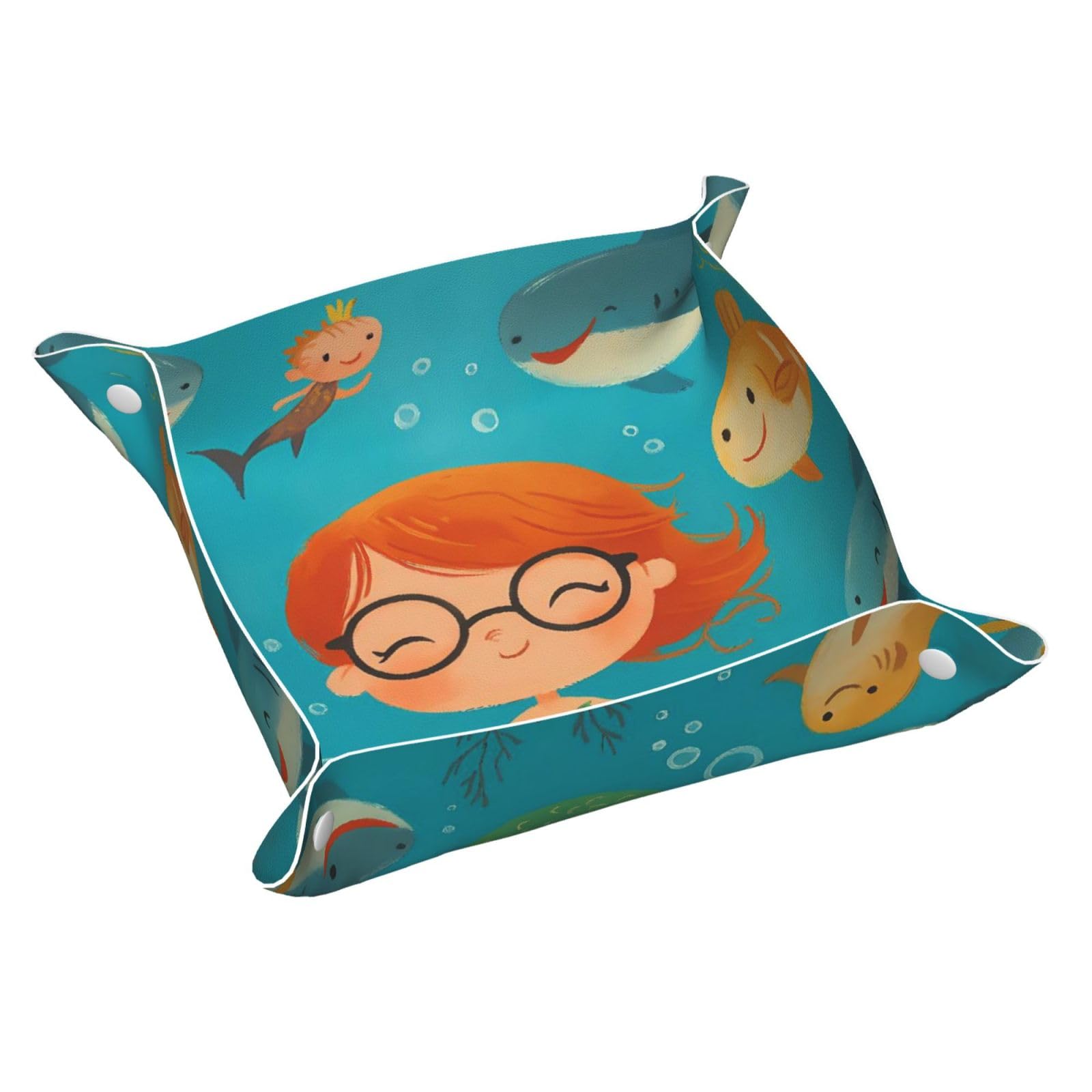 HLBSDM Cartoon Mermaid with Glasses Tray Men's Leather Valet Parking Portable Entrance Trays Bedside Storage Box