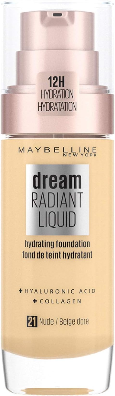 Maybelline Foundation, Dream Radiant Liquid Hydrating Foundation with Hyaluronic Acid and Collagen - Lightweight, Medium Coverage Up to 12 Hour Hydration, 21 Nude
