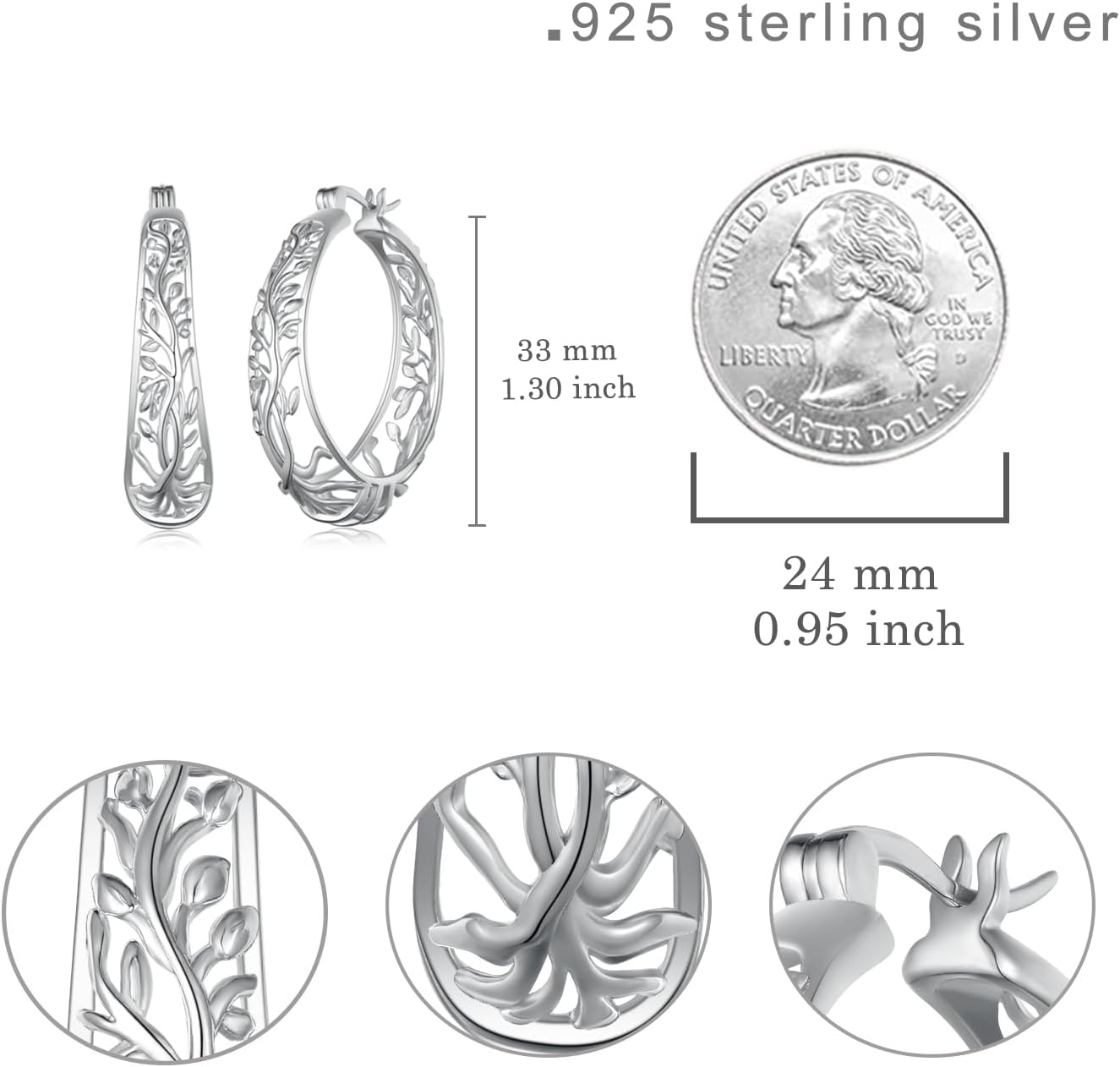 Oval Hoop Earrings 925 Sterling Silver Light-Weight Tree of Life Oval Filigree Hoop Earrings for Women - Image 6