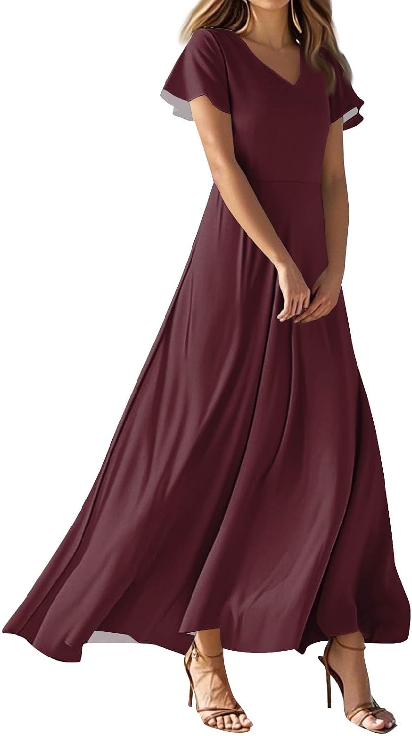 Brunch Dresses for Women 2026 Summer V-Neck Ruffle Short Sleeve Casual Solid Aline Swing Dress,XS-2XL