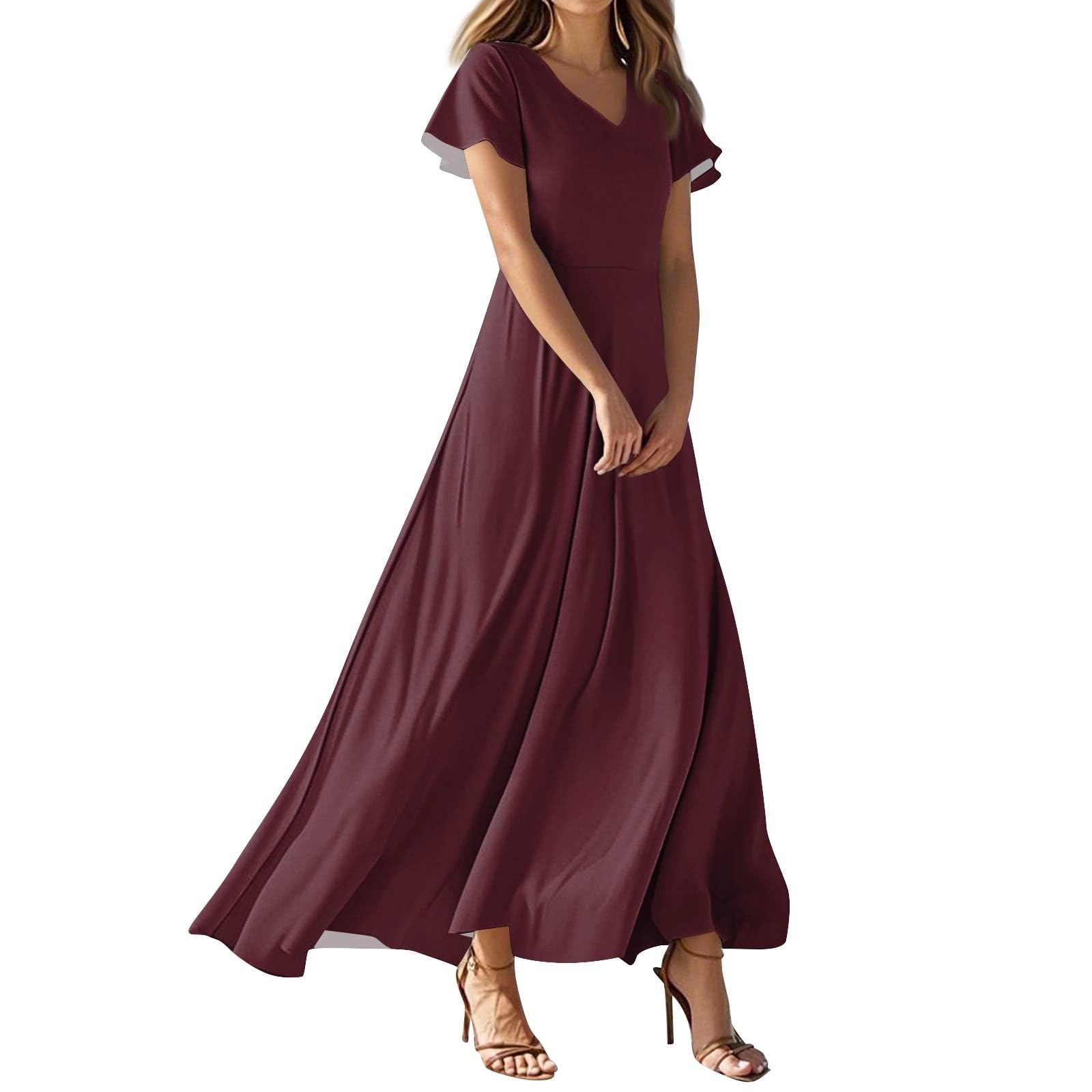 Women's Floral Chiffon Maxi Casual Elegant V-Neck Short Sleeve A-Line Long Dress for Summer Parties & Weddings