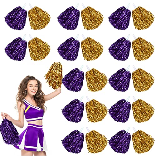 Chivao 24 Pcs Cheerleading Pom Poms, Metallic Foil Handle Cheer Squad Team Spirited Fun for Party, Sports Dance Cheer, 30 Grams Weight Each(Gold, Purple)