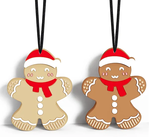 Christmas Chew Necklaces for Sensory Kids, Silicone Gingerbread Man Teething Necklace for Babies Toddlers Adults & Moms, Ideal Chew Jewelry Toy for Autism ADHD Anxiety Fidget Relief (2Pack)