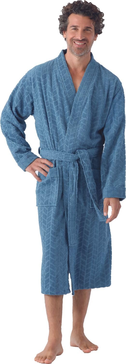 hajo Herren Bademantel Frottee Baumwolle rauchblau gemustert 81407 688
