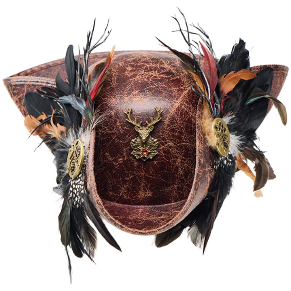 Lamdbao Punk Pirate Hat with Feather Pirate Costume Accessories, Medieval Colonial Tricorn Hat Halloween Cosplay Accessories for Men Women