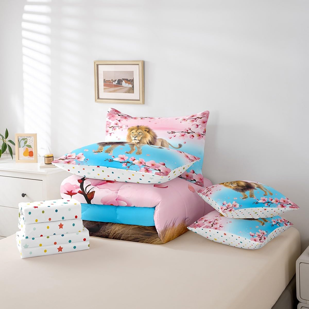 Erosebridal Lion Comforter Set 7 Piece Bed in a Bag Twin,African Safari Animals Bedding Sets Gradient Teal Pink Cherry Blossom Flowers Sheet Set with Comforter