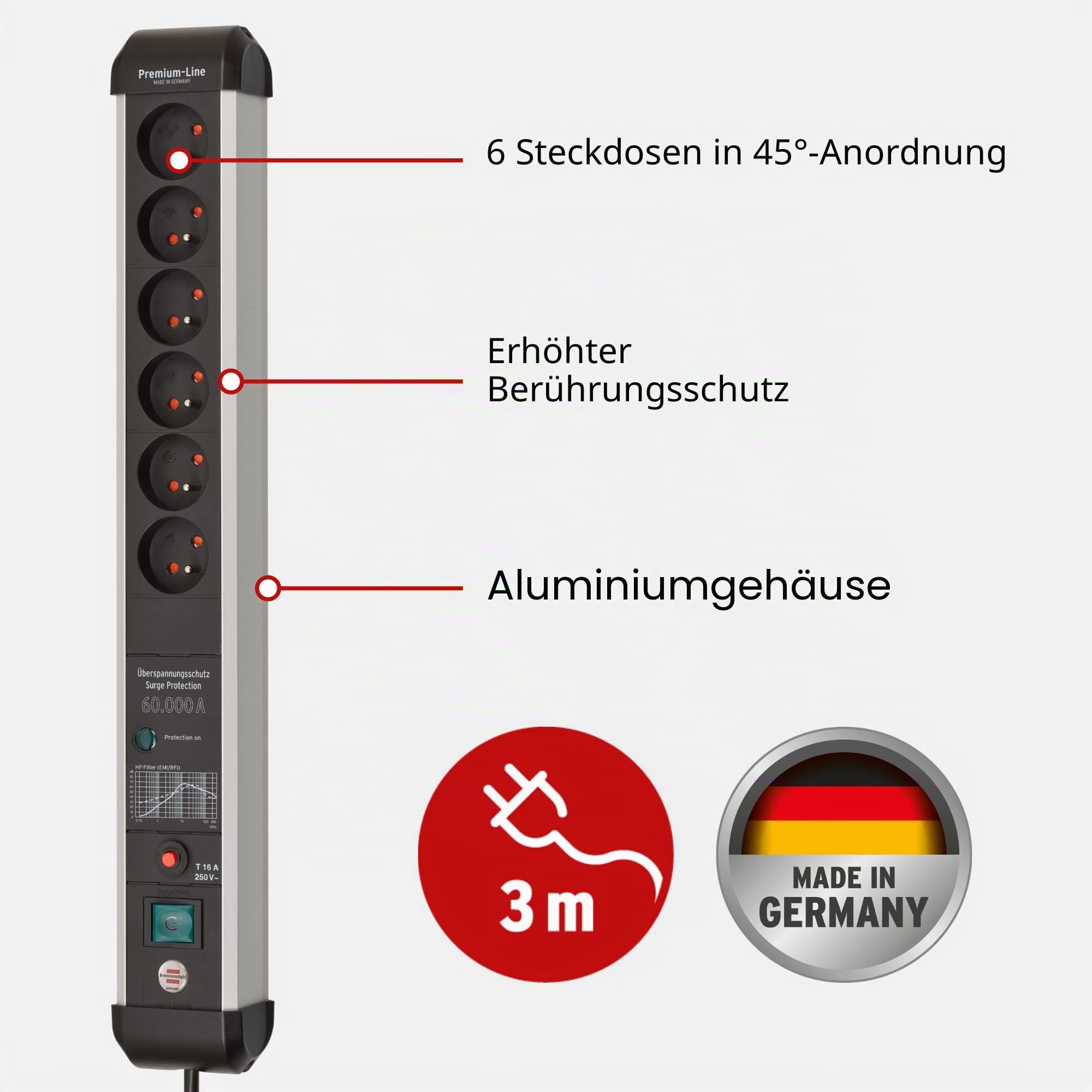 Brennenstuhl Premium-Protect-Line Steckdosenleiste 6-fach, 3m | Mit Überspannungsschutz 60.000 A, mit Schalter, Made in Germany, silber/schwarz