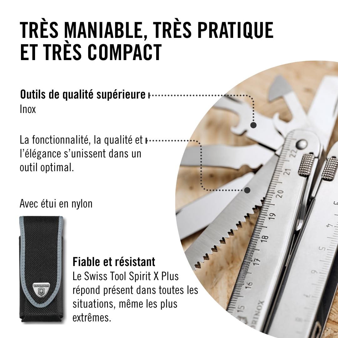 Victorinox Swiss Tool X Plus Couteau de Poche Suisse, Couteau Multifonction, 37 Fonctions, Tire Bouchon, Lame Fixe, Etui, Argent