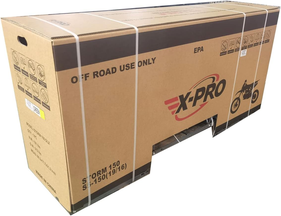 The shipping carton for the X-PRO Storm 150 Dirt Bike, labeled 'OFF ROAD USE ONLY'.