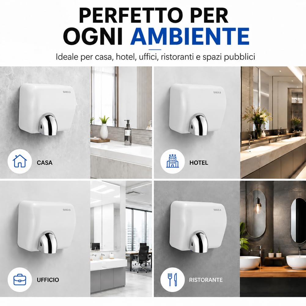 BAKAJI Secador de manos automático eléctrico de pared para hoteles, baños públicos, restaurantes, secador de manos de aire caliente de pared con sensor fotocélula, potencia 2300 W, secado a alta