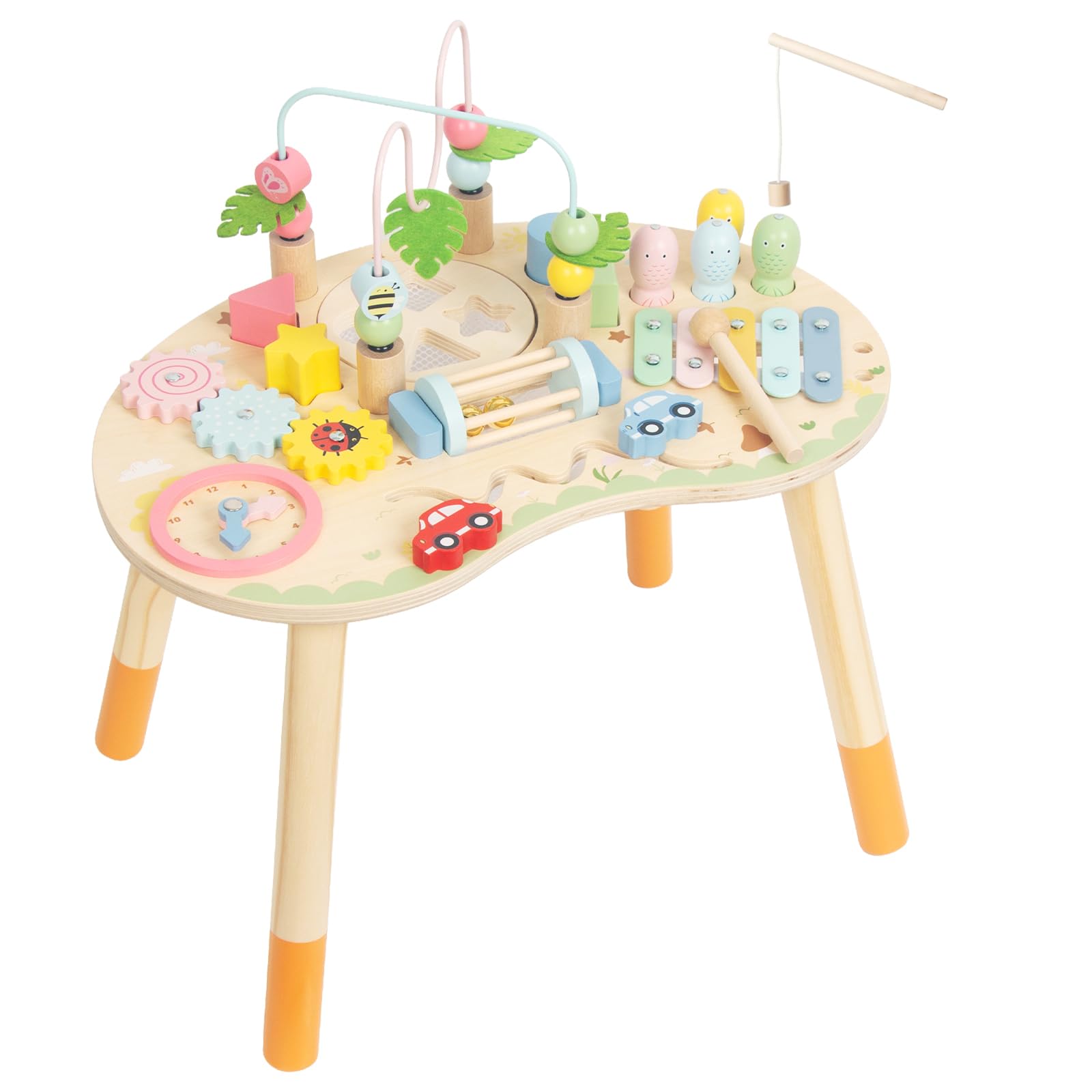 WOODENFUN Montessori Tavolo Attività in Legno per Bambini 1-3, Tavolo Sensoriale con Perline Labirinto Forma Sorter Gioco di Pesca