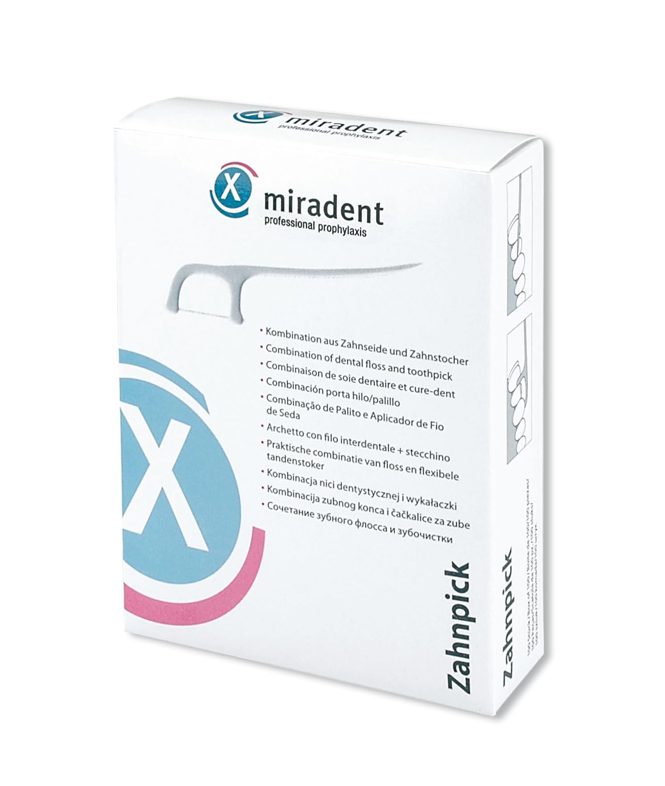 miradent Zahnpick® 2-​en-​1 x100 | Emballé en blister individuel | Cure-​dents (manche) pour gros résidus | Fil dentaire non ciré pour plaque & débris fins | Pratique & hygiénique partout