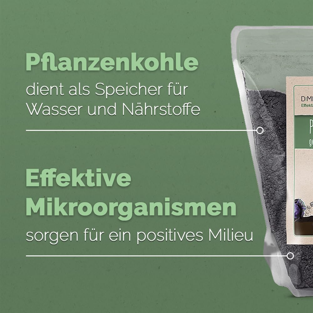 DIMIKRO Pflanzenkohle fein gemahlen - Bodenaktivator für Pflanzen - 5 Liter | Mit Effektiven Mikroorganismen für Terra Preta Schwarzerde - dient als Kompoststarter und Bodenverbesserer