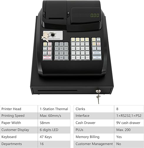 Miniatura 5 de Caja registradora electrónica comercial de 47 llaves, sistema de gestión de efectivo, caja registradora con pantalla LED, cabezal de impresión