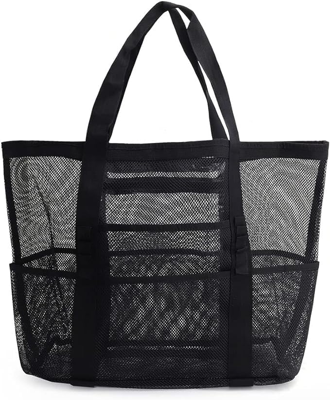 SoHo, Mesh Beach Bag - Toy Tote Bag - Large Lightweight Market, Grocery & Picnic Tote with Oversized Pockets (Black/White)2