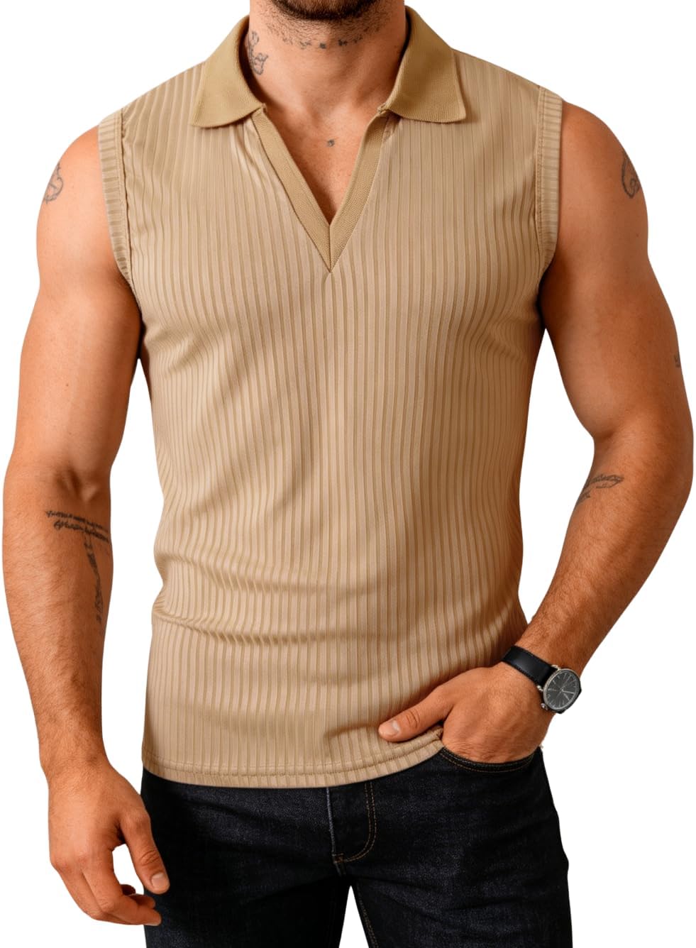 ChiaoLezhee Men's Ribbed Knit Polo Tank Fitted Sleeveless V-Neck Top