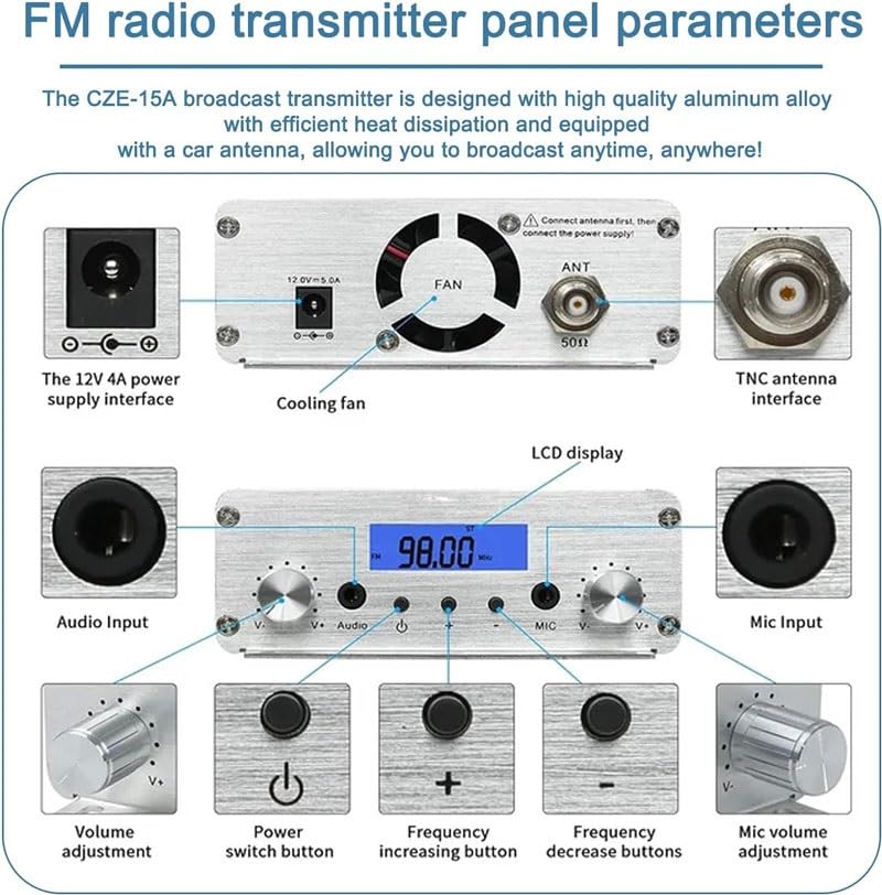 Transmetteur FM – Émetteur radio longue portée 15 W avec prise audio micro de 3,5 mm pour films et parkings d'église