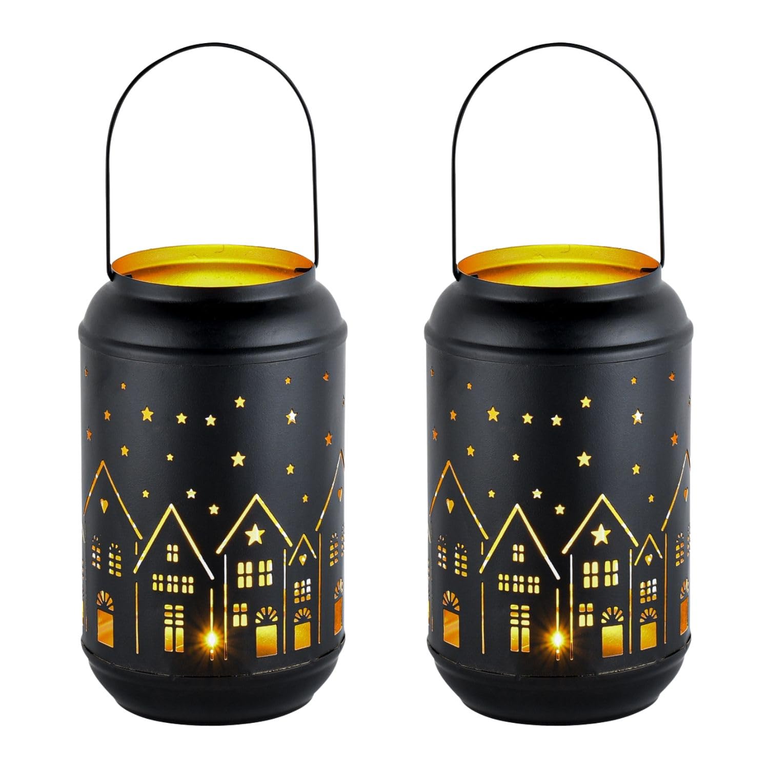 Marrakech Juego de 2 portavelas decorativas Glowtree negro y dorado, 20 cm, con diseño de casas, de metal, candelabros escandinavos, farol moderno, decoración de Adviento, decoración navideña y