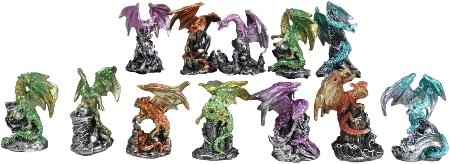 Ebros Gift Set of 12 Colorful Metallic Red Green Purple Blue Wyvern Dragons On Rocks in Multiple Poses Miniature Figurines Whimsical Medieval Fantasy Dragon Wyrmlings Fairy Garden Mini Statues
