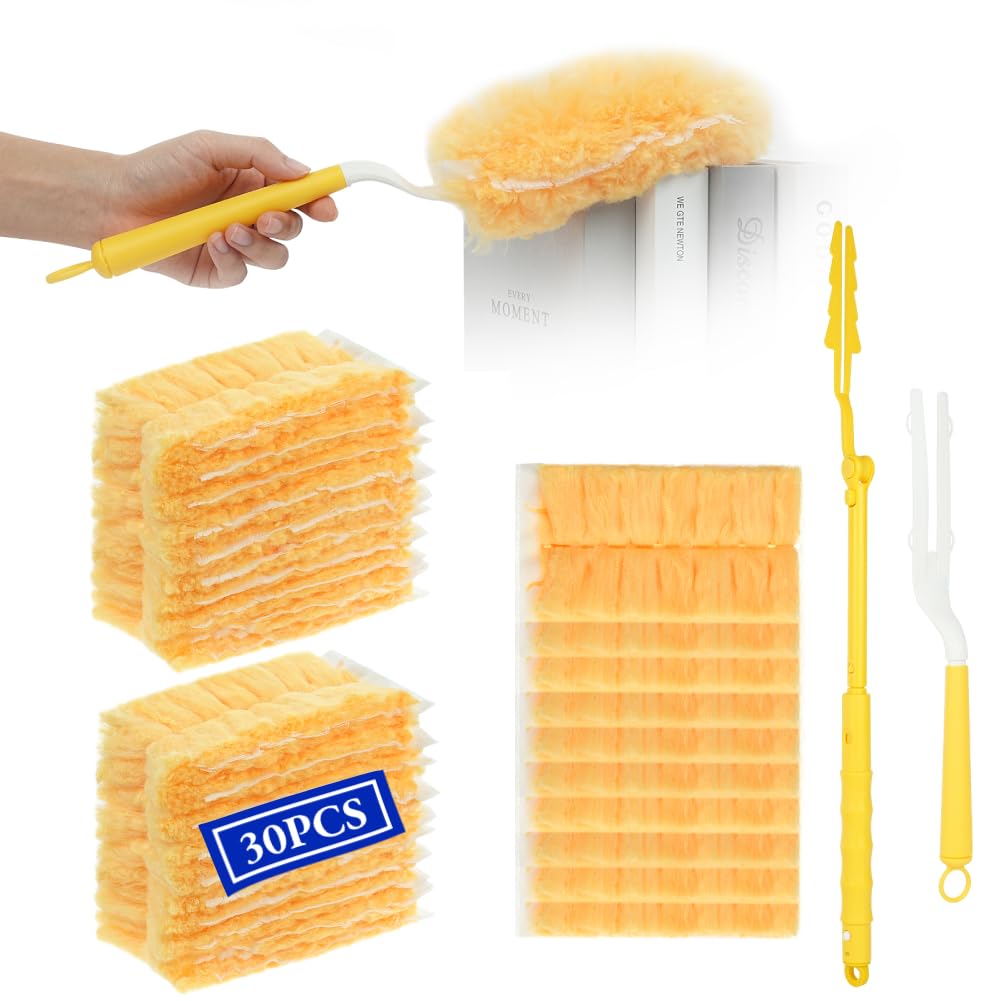 Vicloon 30 Pcs + 1 Long Pole + 1 Short Pole - Orange 30 Pcs Flash Duster Refills, Refill Duster For Cleaning, Disposable Duster Heads, Strong Electrostatic Dust Removal Manual Dust Refill Pack, For Cleaning Blinds Office Home Fans Dust Dirt
