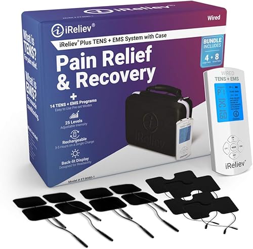 Unidad iReliev TENS aprobada por la FDA + 14 modos de terapia, sistema de recuperación y alivio del dolor premium, recargable, pantalla grande con