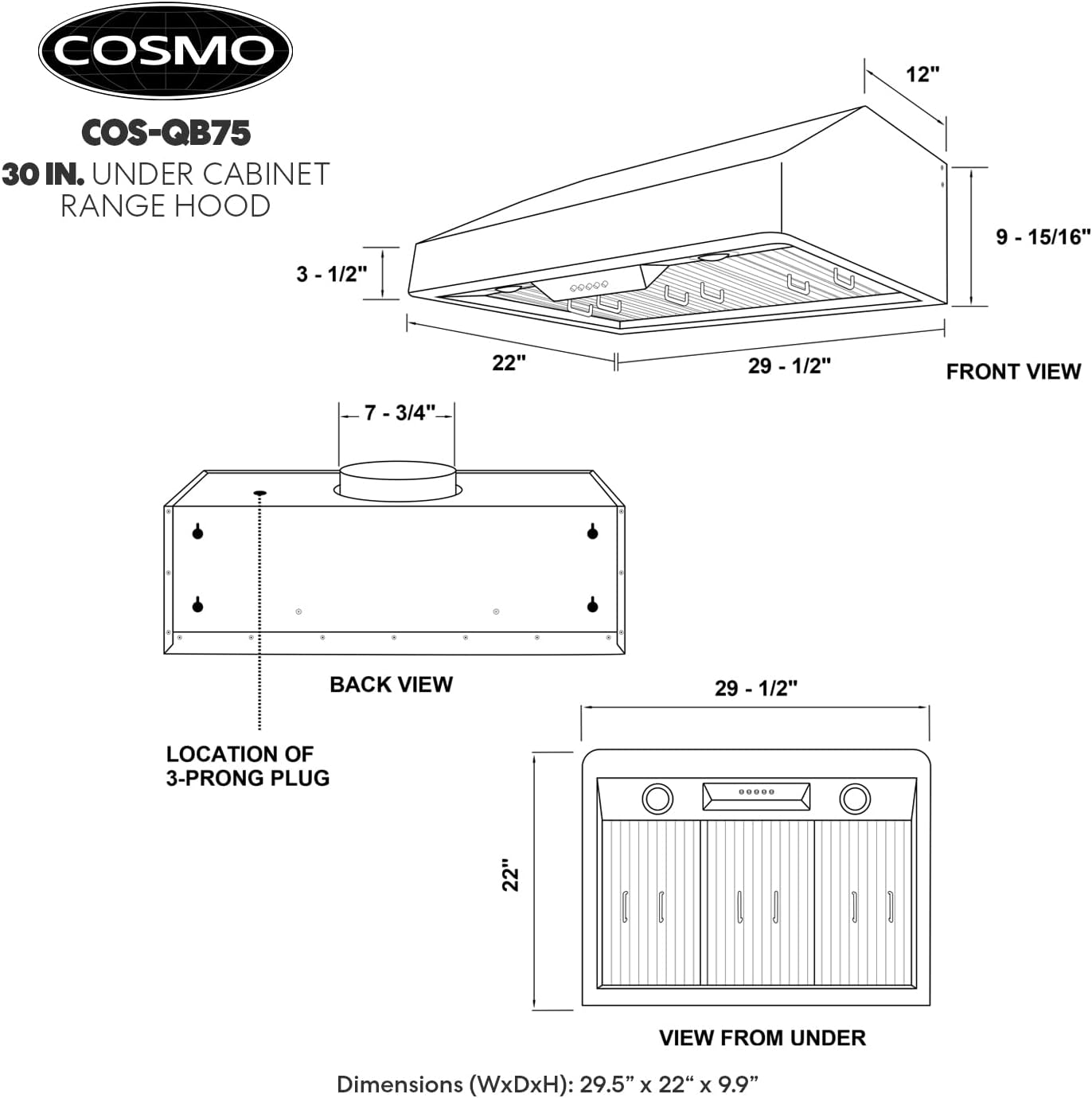Suреr Brаndѕ Cosmo QB75 30 in. Under Cabinet Range Hood with Push Button Controls, Permanent Filters, LED Lights, Convertible from Ducted to Ductless (Kit Not Included) in Stainless Steel