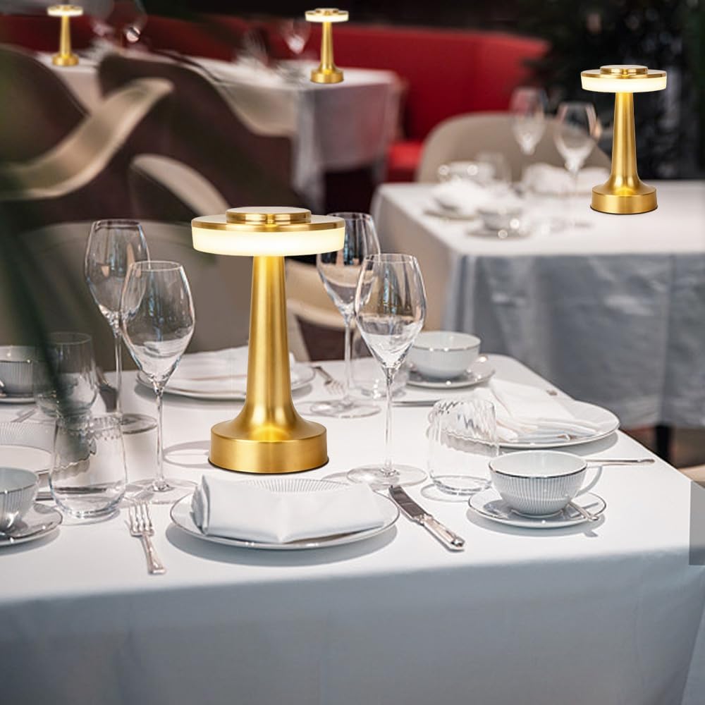 Cordless Metal Desk Lamp, Touch Sensor Control LED Table Lamp,3 Color Stepless Dimmable Battery Powered Lamp for Living Room, Dorm, Home Office (Gold)