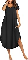 Ekouaer Women's Long Nightgown with Pockets - Short Sleeve V-Neck Sleepshirt, Side Split House Dress S-4XL