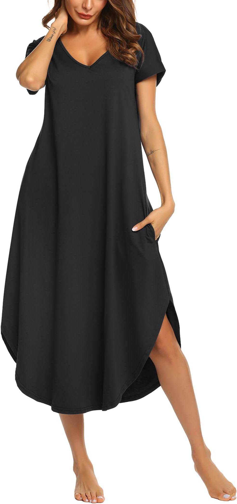 Ekouaer Long Nightgowns for Women Short Sleeve House Dress with Pockets V Neck Sleepshirts Side Split Sleepwear S-4XL