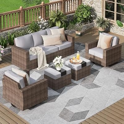 MIXPATIO 5 Pieces Patio Furniture Set, Outdoor Wicker Rattan Sofa Couch with 5.5" Thick Comfy Cushions, Swivel Rocker Chairs and Ottomans, High Back Conversation Set Garden Backyard, Grey