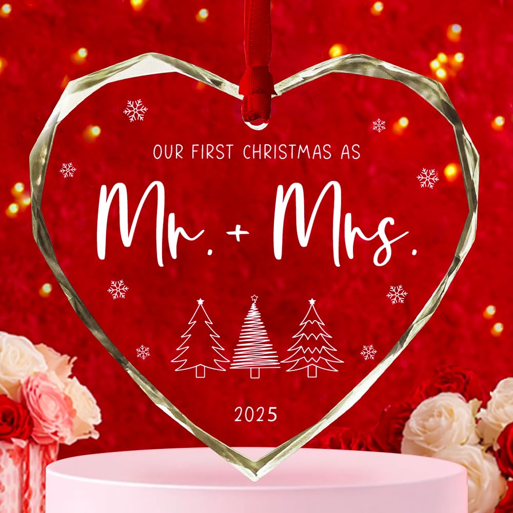Personalized Our First Christmas As Mr Mrs Heart Crystal Ornament - Custom Names Newlywed Gift for Couple, First Year Glass Ornaments, Wedding Keepsake, New Beginnings Memories 1st Year Married Gifts