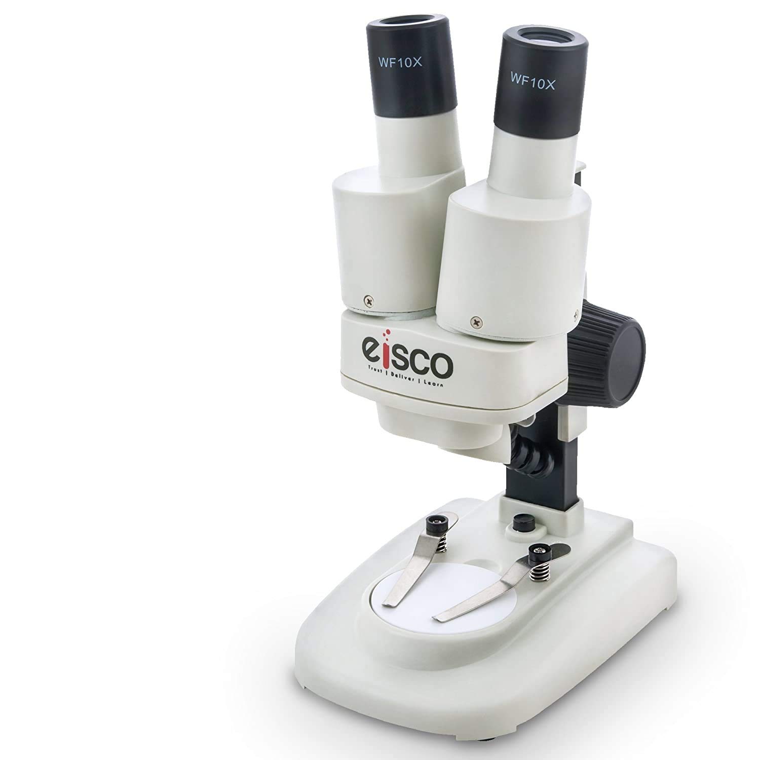 EISCO Stereo Binocular Microscope(mini), for Beginners, LED Light, White Stage, AA Battery Operated, Bilateral Coarse Focus, with Dustcover & Styrofoam Case