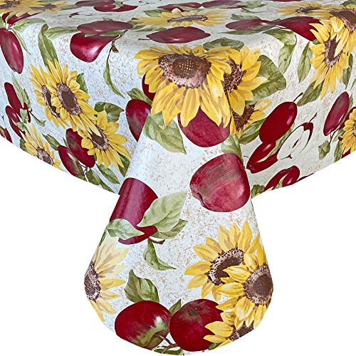 Newbridge Day Break Apples Cottage Print Vinyl Flannel Backed Tablecloth, Apples And Sunflower Design Indoor/Outdoor Waterproof Tablecloth For Patio And Kitchen Dining, 52 Inch X 52 Inch Square #TOP2
