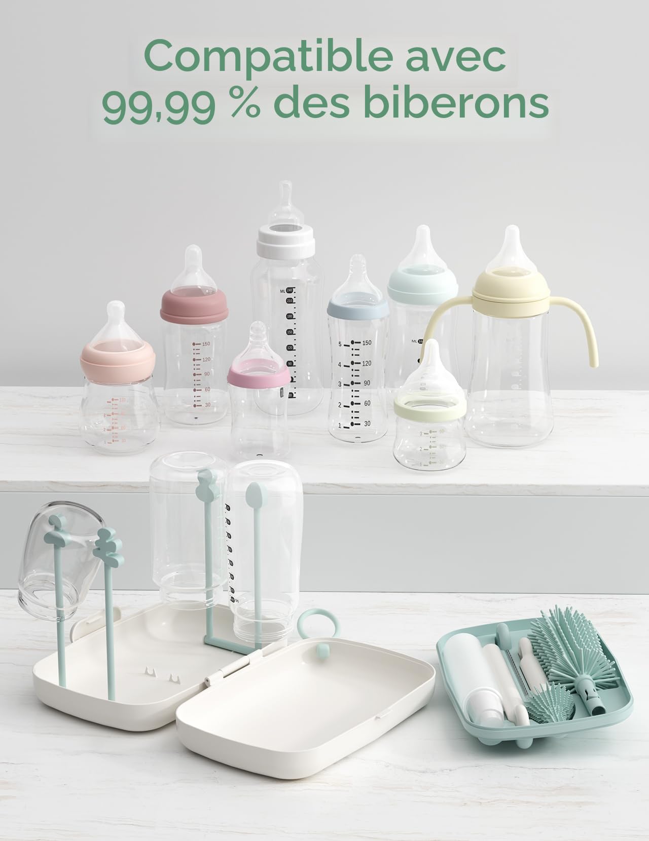 Momcozy Goupillon Biberon Silicone｜Kit Nettoyage Voyage avec Brosse Tétine + Écouvillon + Boîte de Rangement｜Support Séchage Intégré｜Prêt pour Sortie Bébé