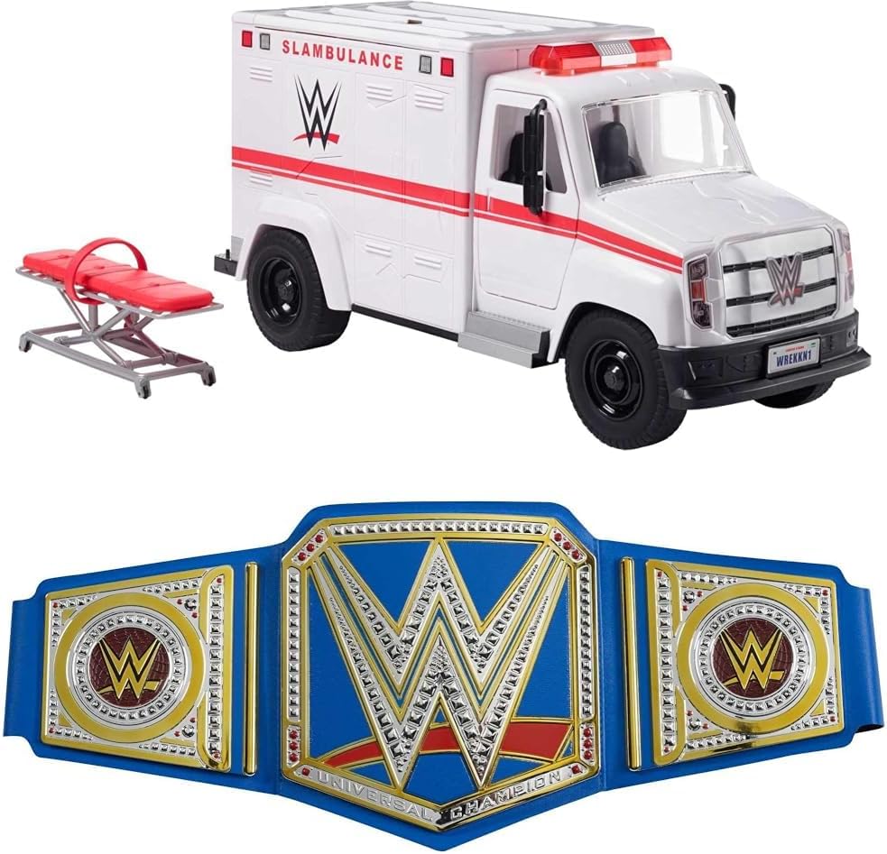 Bundle of Mattel WWE Slambulance Wrekkin' Vehicle Breakaway Ambulance, for 6-Inch Action Figure + Mattel WWE Universal Championship Role Play Title Belt, Metallic Sideplates, Adjustable Strap for Kids