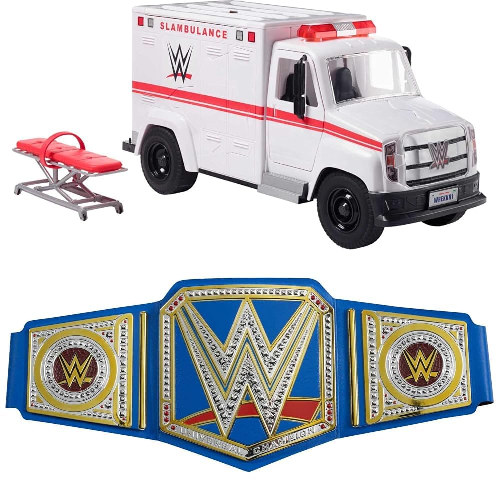 Bundle of Mattel WWE Slambulance Wrekkin' Vehicle Breakaway Ambulance, for 6-Inch Action Figure + Mattel WWE Universal Championship Role Play Title Belt, Metallic Sideplates, Adjustable Strap for Kids