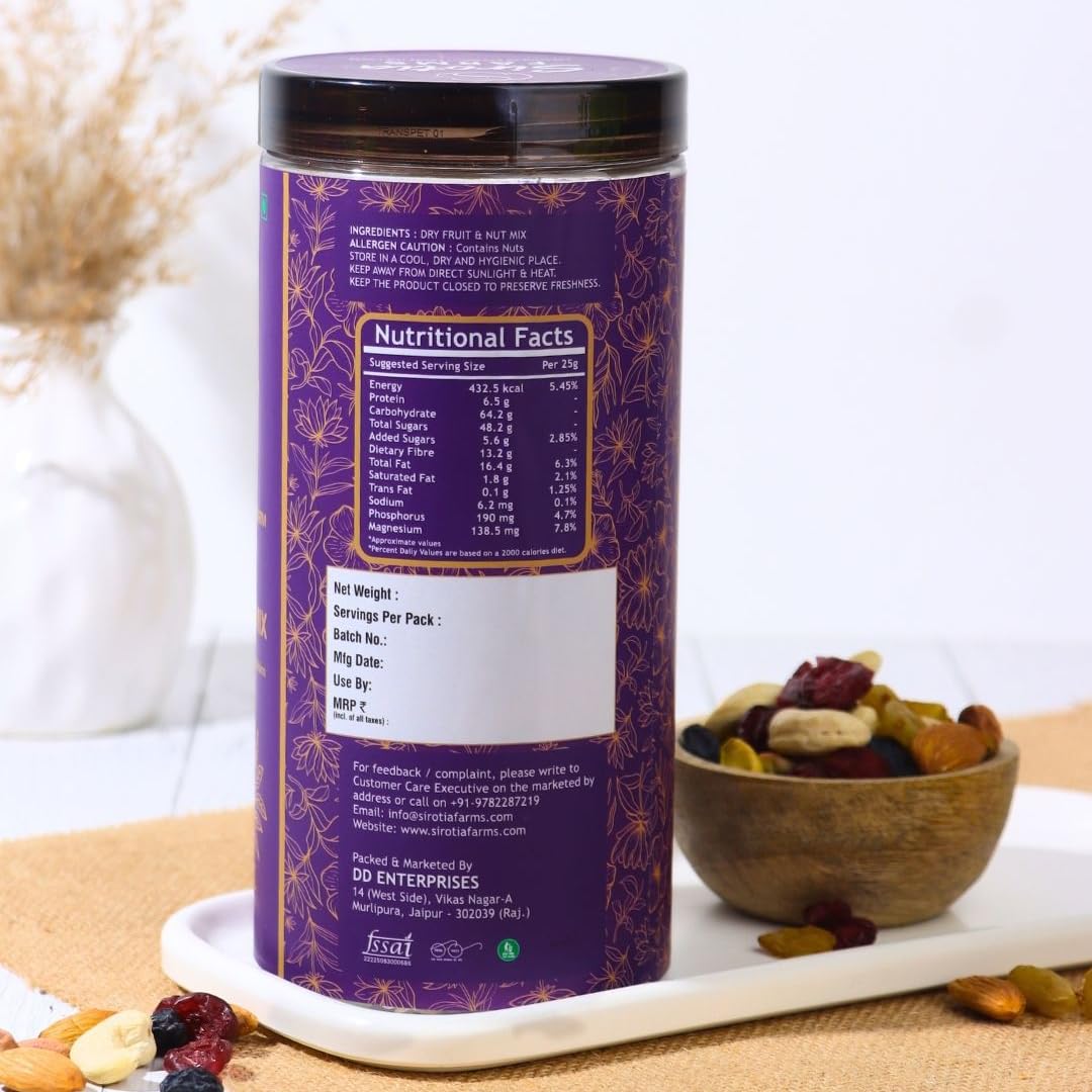 Sirotia Farms Premium Dry Fruit & Nut Mix, 500g, Rich in Dietary Fiber, Magnesium & Phosphorus, Source of Protein, Flavourful & Crunchy Snack, Almonds, Cashews, Green Raisins, Black Raisins, Pistachios, & Cranberries 2