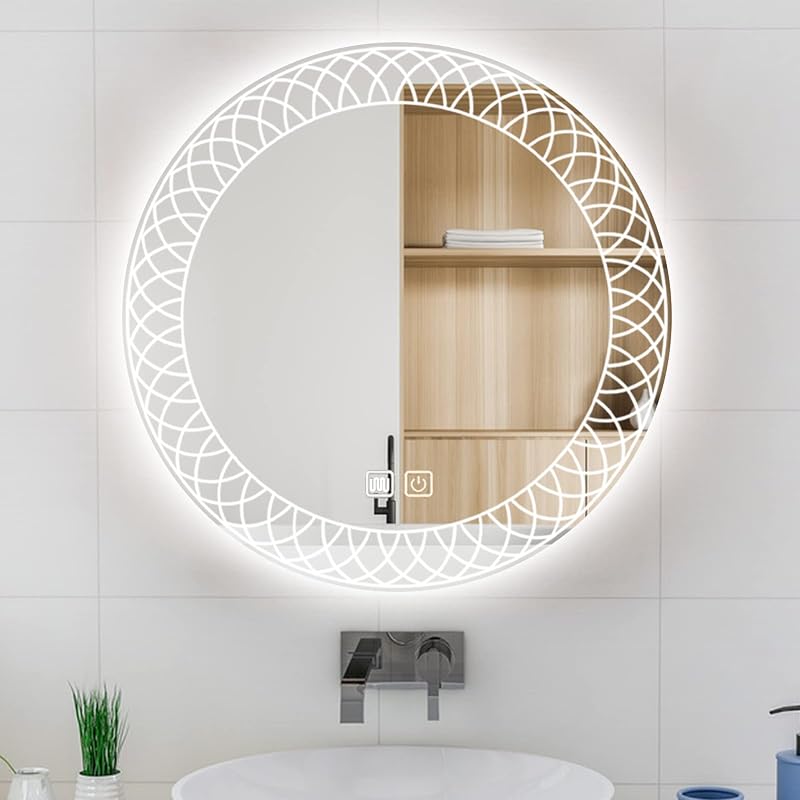 YOSHOOT 70 cm Kerek Fürdőszobai Tükör LED Világítással, Páramentesítő, Érintőgombos, Fényerőszabályzós, 3 Színhőmérséklet, IP44 Vízálló